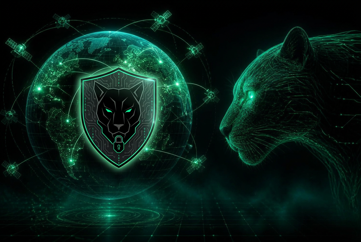 Spectral wireframe panther facing a globe ringed by satellites and encrypted multi-hop connection arcs, with the Panthera shield at its centre